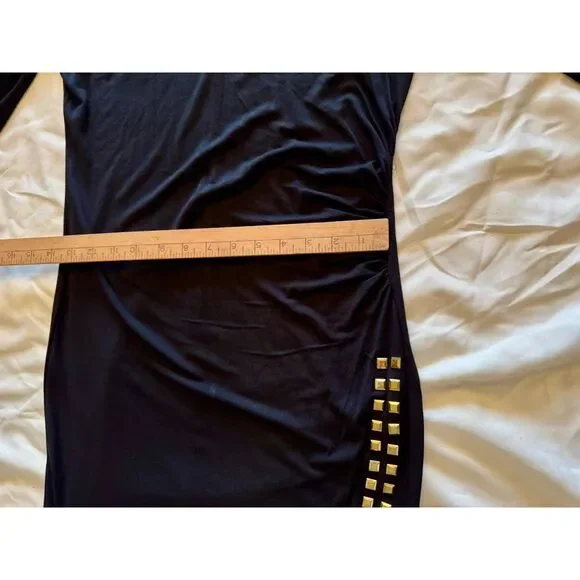 Catherine Malandrino Black Sheath Dress LBD Ruching | Gold Embellishmets Size M - Picture 10 of 14